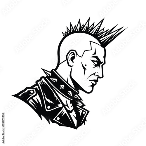 Rebellious Punk Rocker Profile with Spiky Mohawk Hairstyle and Studded Jacket in Bold Black and White Illustration Style