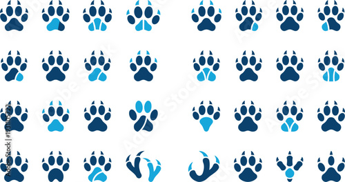 Paws Set of 30 Blue Animal Paw Print Icons Vector tracks