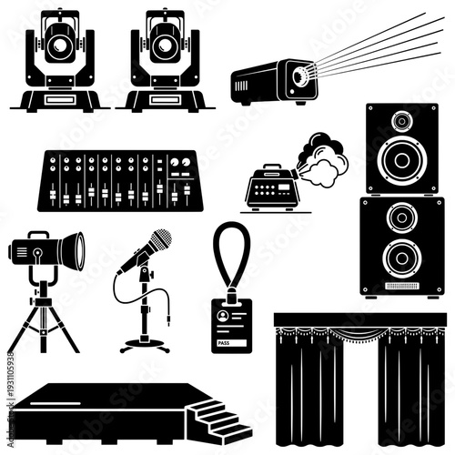 Stage Equipment and Audio Visual Icons Silhouette Set Vector Illustration