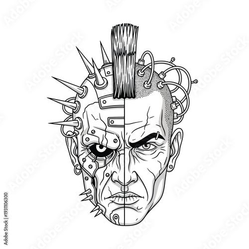 Cybernetic Punk Rocker Split Head Illustration: A Duality of Rebellion and Technology