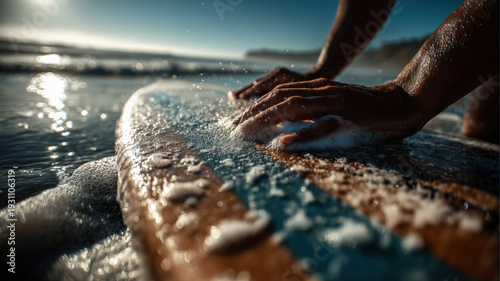 Close-Up Lifestyle Photo of Surfer Waxing Surfboard on California Beach – Shallow Depth of Field