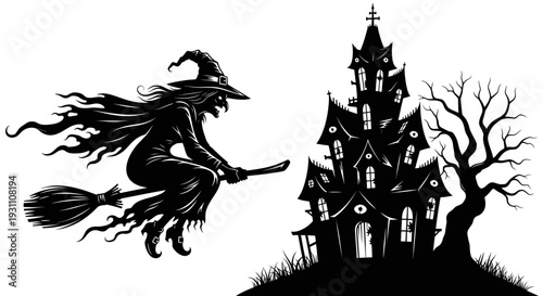 Halloween Witch Flying Broomstick Spooky Haunted House Silhouette