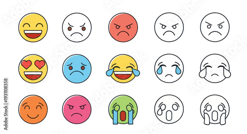 Set of emoji faces showing various emotions: happy, sad, angry, surprised, in love, crying