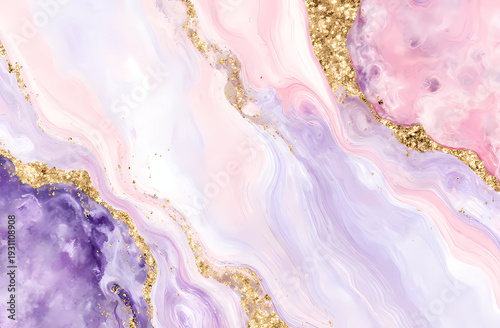 Delicate swirls of pink, lilac, and purple blend harmoniously with golden accents, showcasing the beauty of alcohol ink art. This stunning design captures a serene moment in time Generative AI
