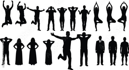 People Silhouettes Collection Active Poses and Yoga Postures, Cad Drawing Flat Vector Illustration of Men and Women Isolated Background