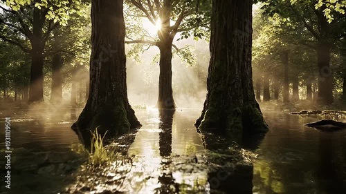 Sunlight filtering through misty forest trees reflecting in water.