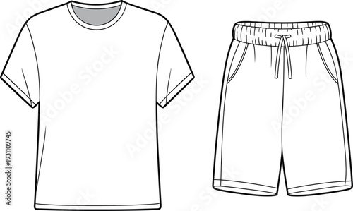 Casual t shirt and shorts outfit outline template, blank sportswear apparel mockup cad drawing flat vector illustration