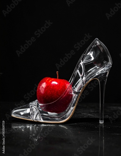 Red Poison Apple inside a Transparent Glass Slipper
