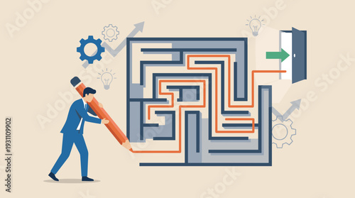 Businessman Drawing a Path Through a Complex Maze with a Giant Pencil to Find the Exit Door, Concept of Creative Problem Solving, Business Strategy, Innovation, and Overcoming Difficult Obstacles.