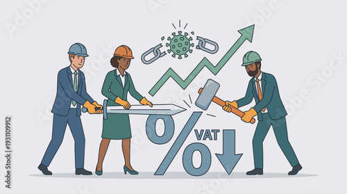 Business professionals in hard hats using a sword and hammer to reduce VAT tax rates for economic recovery post-COVID-19, with a rising growth graph and broken virus chains in flat vector style.