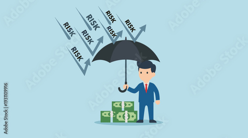 Businessman Character Holding an Umbrella to Protect Himself and Money Against Risk Arrows. Concept of Risk Management, Financial Security, Insurance, Investment Protection, and Crisis Control.