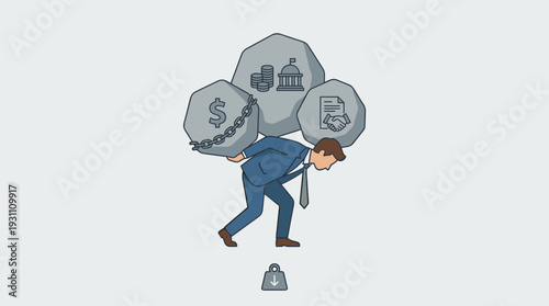 Businessman Carrying Heavy Stones with Symbols of Debt Tax and Loan as a Burden. Metaphor for Financial Pressure, Economic Stress, and Overwhelming Responsibility in Business. Vector Illustration.