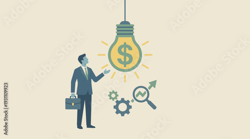 Businessman in a Suit Finding a Profitable Business Idea Represented by a Hanging Light Bulb with a Dollar Sign, Financial Solution, Investment Strategy, Innovation, and Economic Growth Concept.