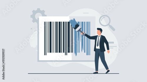 Businessman in a Suit Painting Over a Barcode with a Brush, Concept of Rebranding, Marketing Strategy, Change of Brand Identity, Business Transformation, Corporate Innovation and Product Update
