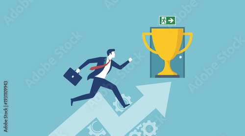Businessman in a suit running on a rising arrow with gears towards a golden trophy cup inside an exit door, concept of career growth, startup success, business solutions, and achievement.