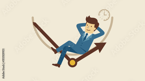 Businessman in a blue suit sitting back and relaxing on giant clock arrows, representing effective time management, work-life balance, taking a break, and stress-free professional productivity.