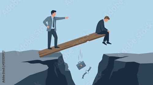 Businessman firing a colleague sitting on a wooden plank over a deep cliff abyss, concept of corporate dismissal, job loss, layoff, betrayal, and financial crisis in a flat vector illustration.