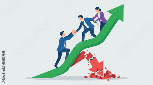 Business Team Helping Each Other Climb Up a Rising Green Arrow While Overcoming a Falling Red Crisis Arrow, Concept of Teamwork Support Collaboration and Economic Growth Success in Business