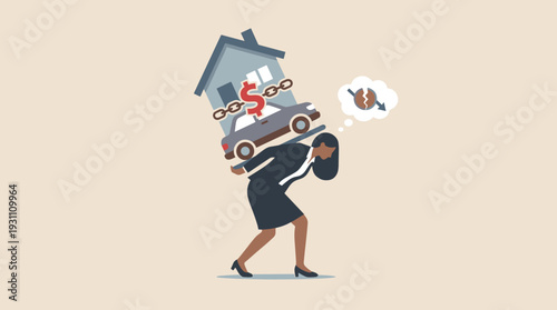 Businesswoman carrying heavy burden of house and car debts, financial problem, mortgage and loan stress, economic crisis, inflation impact, debt management, financial struggle flat vector.