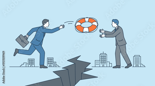 Businessman throwing a lifebuoy ring to a colleague across a deep earthquake crack. Concept of professional support, financial rescue, crisis management, partnership, and helping a partner.