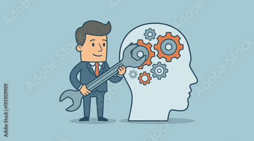 Businessman using a large wrench to adjust gears inside a human head profile, representing mindset change, attitude adjustment, psychology, brain training, learning new skills, and mental growth.