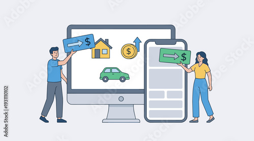 People Collectors Buying Assets in Internet, Male and Female Characters at Huge Computer and Smartphone Screen Investing in Real Estate, Car, and Stocks, Financial Growth Concept Illustration.