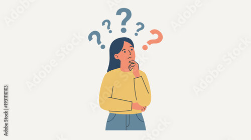 Vector illustration of a pensive woman standing in a thoughtful pose, holding her chin with question marks above her head, symbolizing confusion, curiosity, problem solving, and decision-making.