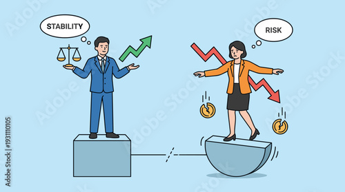 Businessman and businesswoman on stable and unstable platforms comparing stability and risk. Man holds scales with growth arrow while woman balances on wobbly base with falling coins and loss.