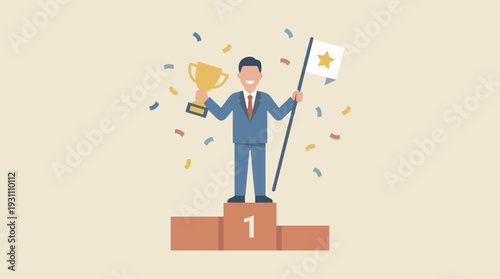 Successful Businessman Celebrating Victory on a First Place Podium Holding a Gold Trophy and a Star Flag with Confetti, Concept of Business Achievement, Leadership, and Winning a Competition