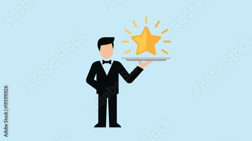 Professional waiter in a tuxedo holding a silver tray with a shining golden star, symbolizing premium quality service, five-star hospitality, luxury experience, and excellence in business.