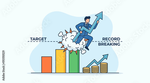 Businessman riding a rising arrow breaking through a target line for record breaking sales and earnings. Concept of exceeding business expectations, financial growth, and peak performance.