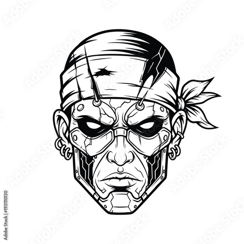 Cyberpunk Cyborg Head Illustration with Bandana - Futuristic Humanoid Robot Black and White Line Art