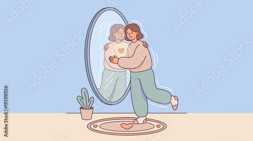 Woman hugging her reflection in a mirror expressing self-love and self-care. Concept of body positivity, mental health, and self-acceptance. Flat vector illustration of happy girl embracing herself.
