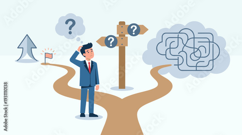 Businessman standing at a fork in the road making a difficult career choice between a clear path to success with a goal flag and a complex tangled maze. Concept of decision making and strategy.