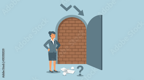 Businesswoman Standing Before an Open Door Blocked by a Brick Wall, Representing a Dead End, Wrong Business Decision, Career Obstacles, Professional Failure, and Blocked Opportunities Concept