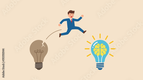 Businessman jumping from a broken old lightbulb to a new glowing lightbulb with a brain inside, representing change management, transition to better innovative ideas, creativity, and progress.