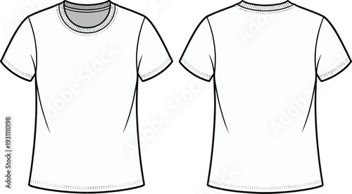 Ladies t shirt template, front and back view, cad drawing flat vector illustration for apparel fashion mockup design