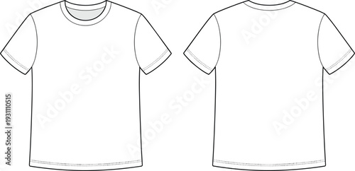 Men short sleeve crew neck t shirt front and back outline template, casual basic apparel cad drawing flat vector illustration
