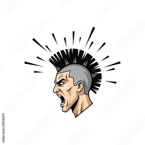 Dynamic Angry Punk Rocker Screaming Profile Vector Illustration with Mohawk Hairstyle and Energetic Outburst