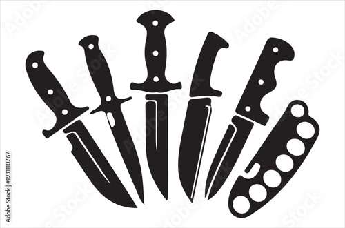 A collection of black silhouette knives and a brass knuckle weapon