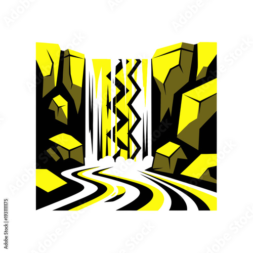 Abstract Waterfall Illustration with Yellow Rocks and Black and White Water