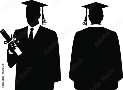 Black silhouette of a male graduate student wearing academic cap and gown holding diploma scroll isolated on white background for graduation ceremony concept
