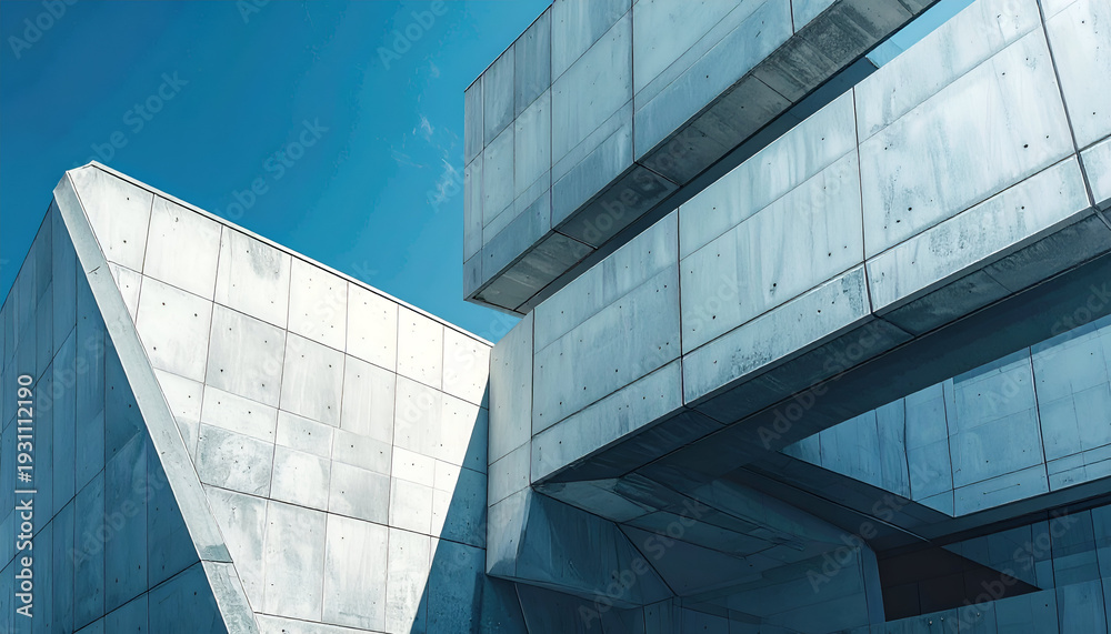 Obraz premium Angular modern architectural structure of concrete and glass against a clear blue sky