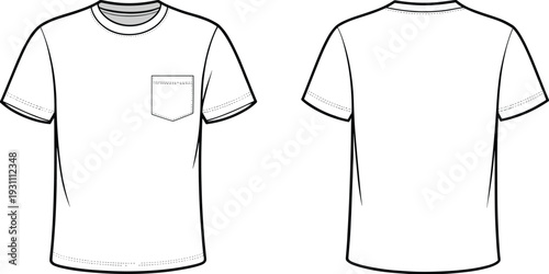 Men short sleeve pocket t shirt front and back outline template, casual apparel mockup cad drawing flat vector illustration
