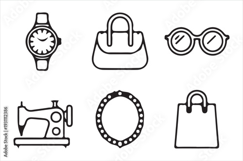 Collection of black and white line art icons accessories and objects