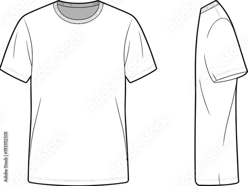 Men short sleeve ribbed crew neck t shirt front and side view outline template, casual apparel cad drawing flat vector illustration