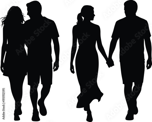 Silhouette of two young couples walking together in summer clothes holding hands and talking against a white background for lifestyle and relationship concepts.