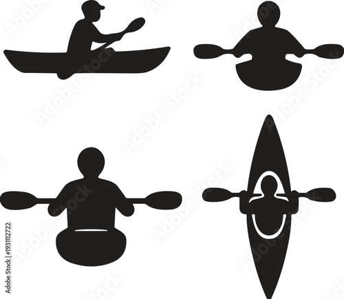 Set of black kayak and canoe silhouettes featuring paddler icons from side, front, and top views for outdoor water sports and recreation design.