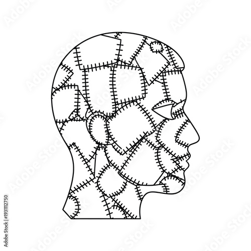 Patchwork Human Head Profile with Stitches - Mental Repair, Fragmented Mind, and Healing Concept Illustration