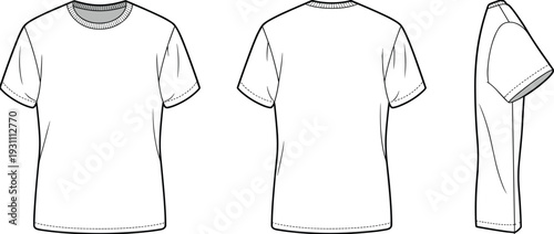 Women basic t shirt front back and side view outline template isolated on white background, apparel cad drawing flat vector illustration